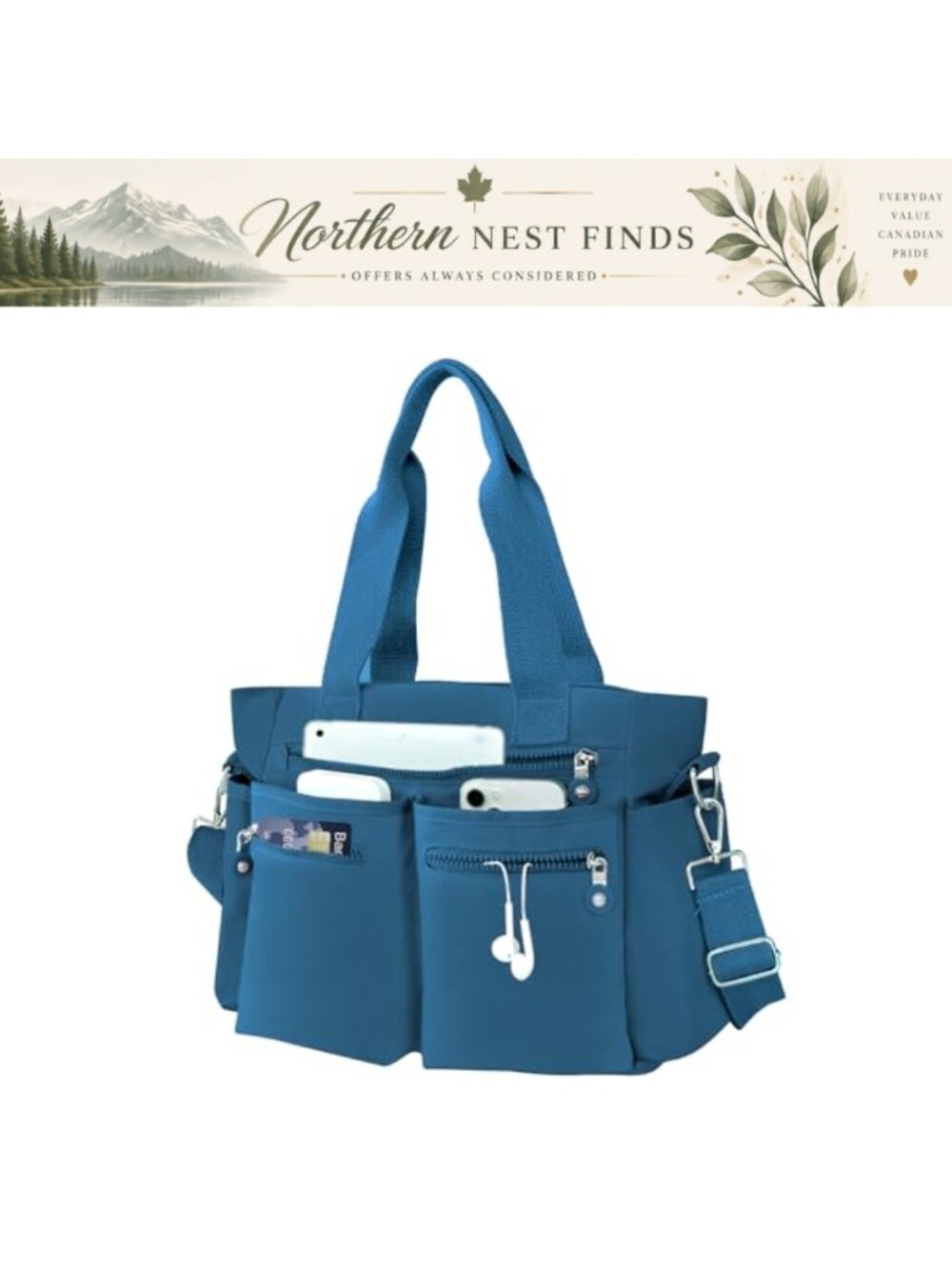Canvas Tote Bag Crossbody Purse Multi-Pocket Shoulder Bag Travel Work
